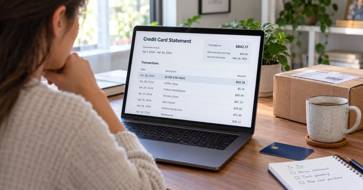 Consumer checking an ECOM STR PADC charge on a credit card statement