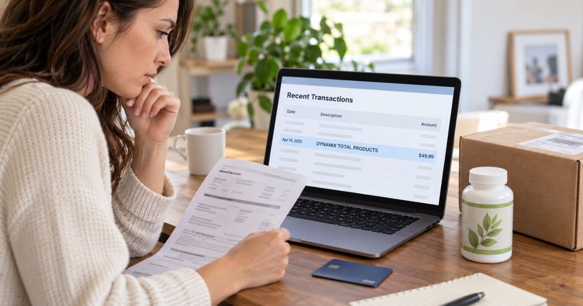 Consumer reviewing a Dynamix Total Products charge on a credit card statement