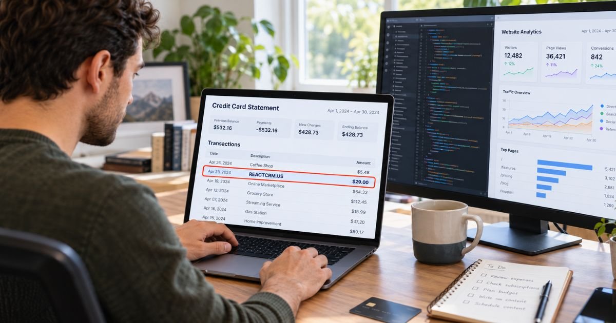 Consumer reviewing a ReactCRM.us charge on a credit card statement