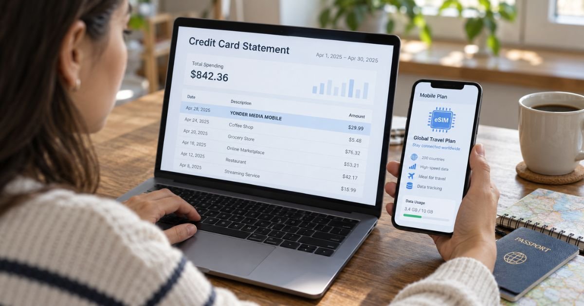 Consumer reviewing a Yonder Media Mobile charge on a credit card statement