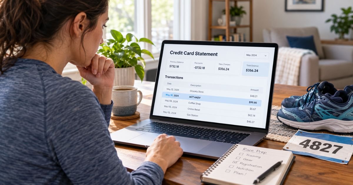 Consumer reviewing an ACT AADV credit card charge after registering for an activity