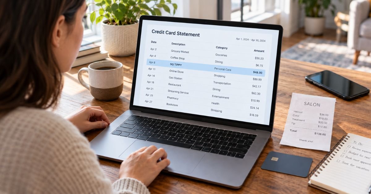 Consumer reviewing an SQ Tippy charge on a credit card statement