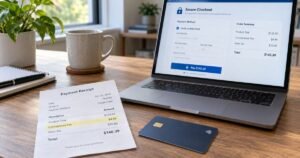 Credit card convenience charge highlighted on a payment receipt beside a credit card and online checkout screen.