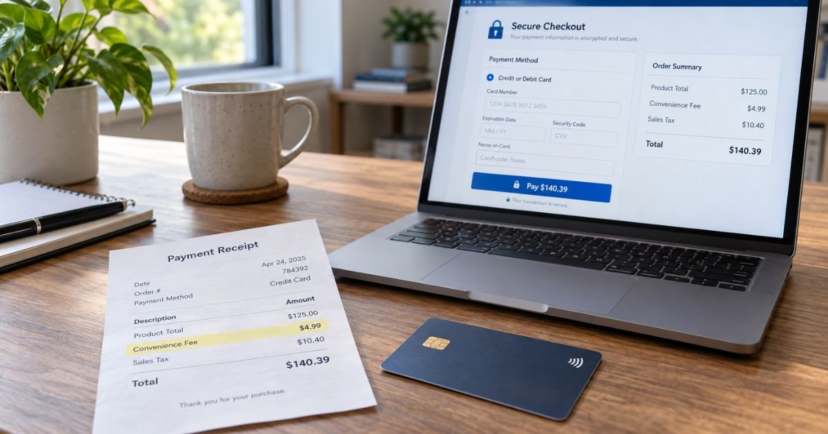 Credit card convenience charge highlighted on a payment receipt beside a credit card and online checkout screen.