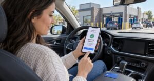 Driver using a smartphone to cancel Club Car Wash membership and stop recurring car wash charges.