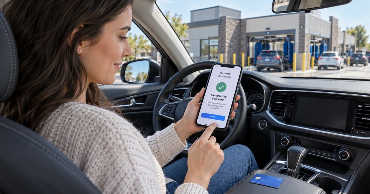 Driver using a smartphone to cancel Club Car Wash membership and stop recurring car wash charges.