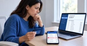 Person reviewing a bank statement and disputing small unfamiliar charges using online banking.