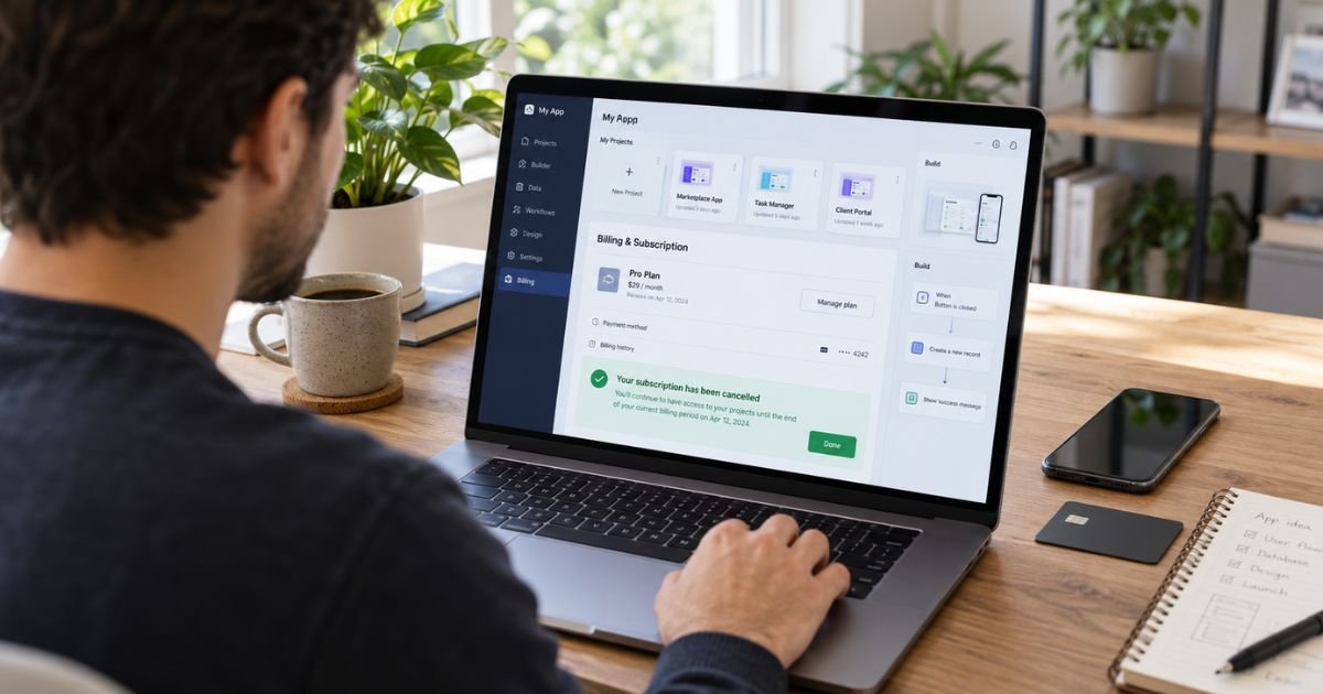 Person using a laptop to cancel Bubble subscription and stop recurring Bubble.io charges.