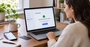 Person using a laptop to cancel Grammarly subscription and stop recurring Premium or Pro membership charges.