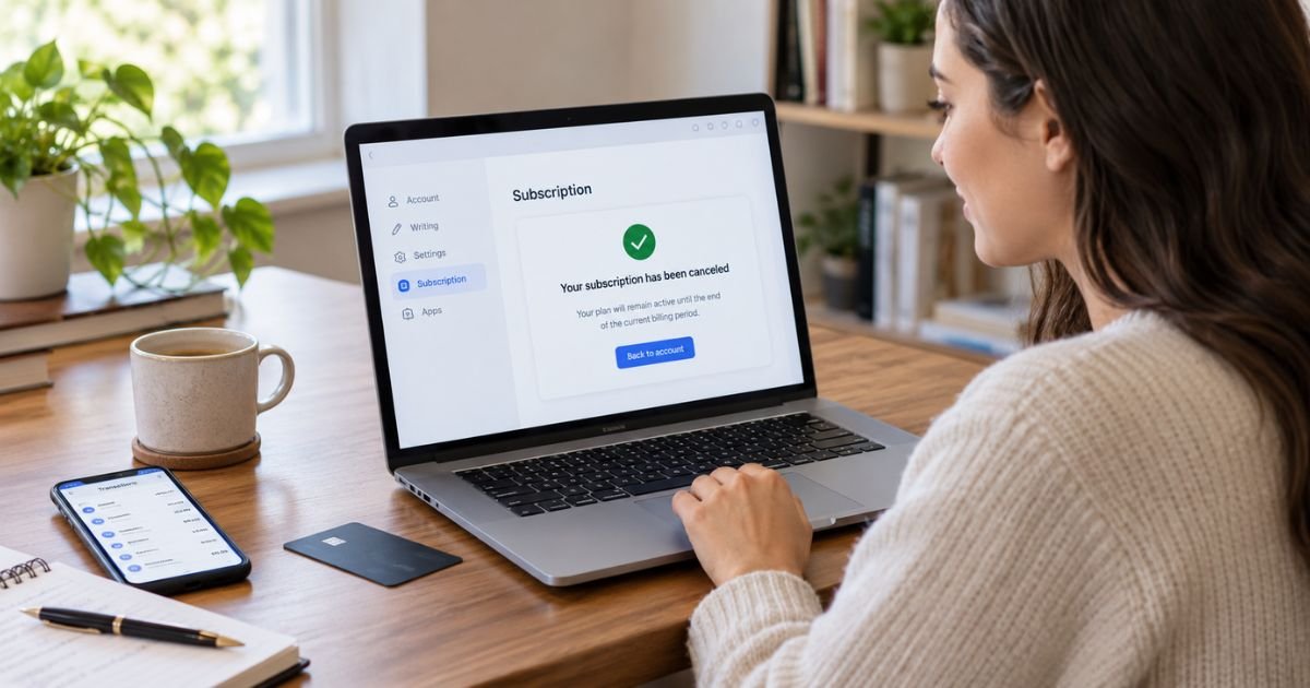 Person using a laptop to cancel Grammarly subscription and stop recurring Premium or Pro membership charges.