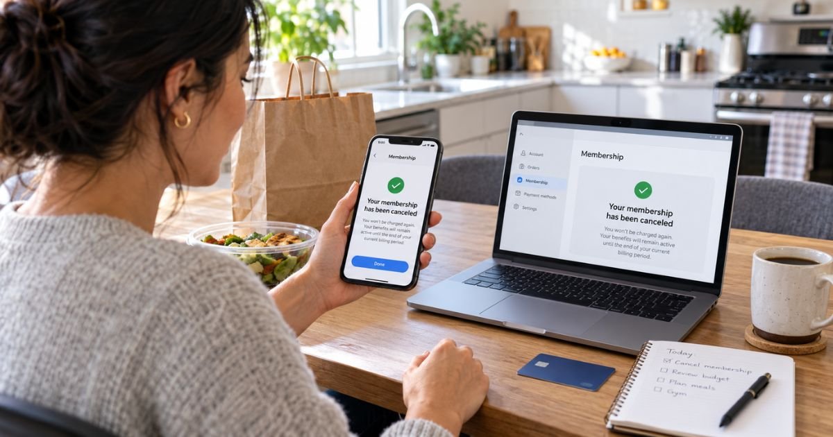 Person using a smartphone to cancel DoorDash DashPass subscription and stop recurring delivery membership charges.