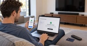 Person using an iPhone and laptop to cancel Apple TV subscription and stop recurring streaming charges.
