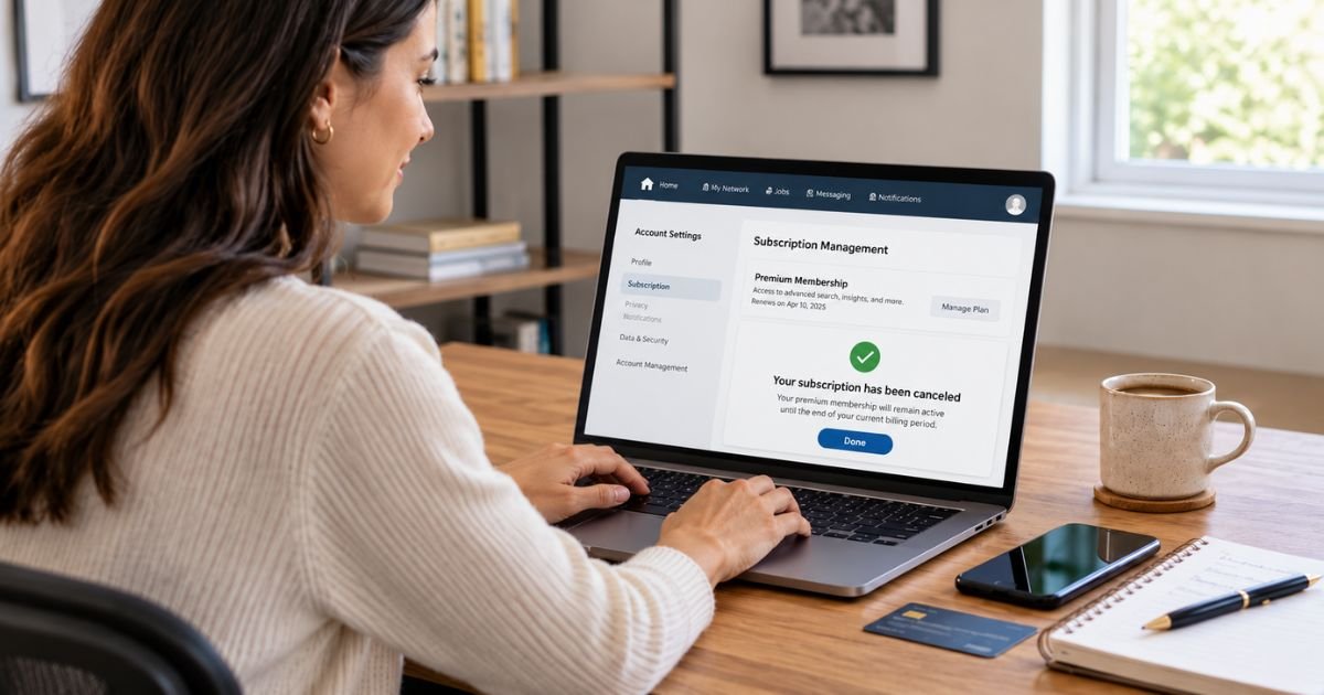 Professional using a laptop to cancel LinkedIn Premium subscription and stop recurring membership charges.