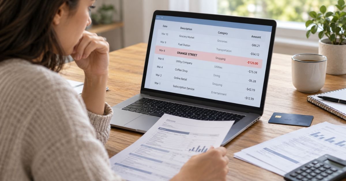 Orange Street charge on credit card statement being reviewed for an unfamiliar transaction.